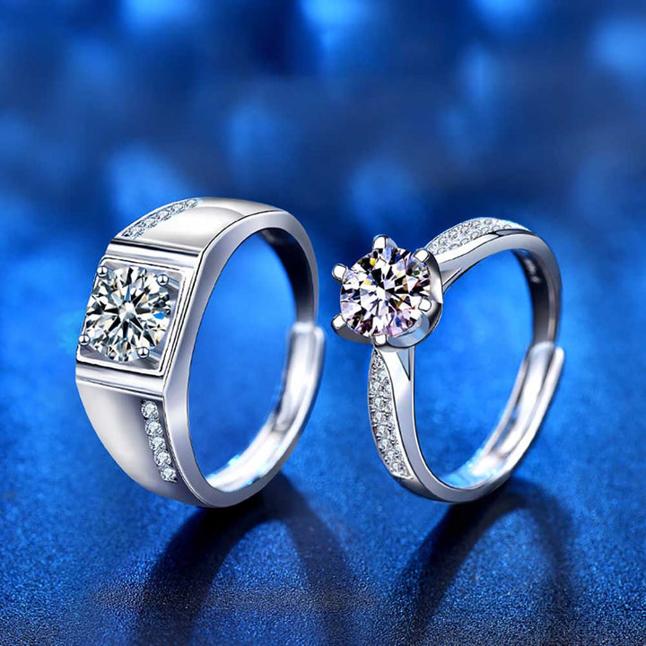 Round Shaped Cutting Moissanite Couple Set Sterling Silver Open Ring