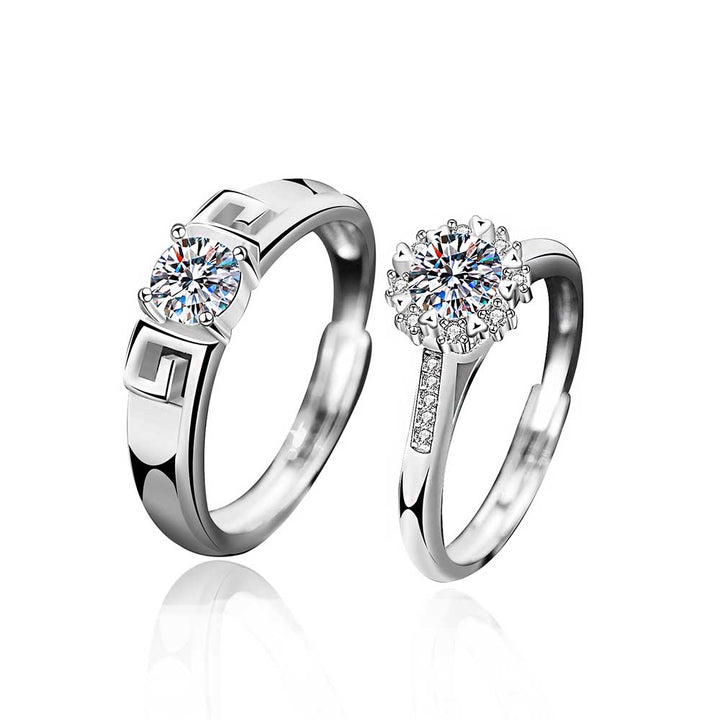 Round Shaped Cutting Moissanite Couple Set Sterling Silver Open Ring