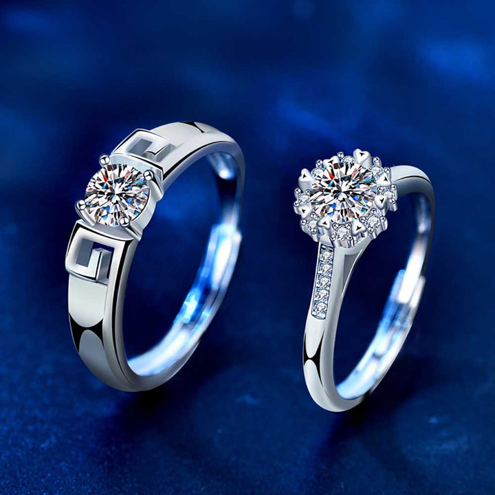 Round Shaped Cutting Moissanite Couple Set Sterling Silver Open Ring