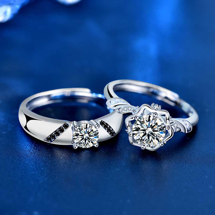 Round Shaped Cutting Moissanite Couple Set Sterling Silver Open Ring