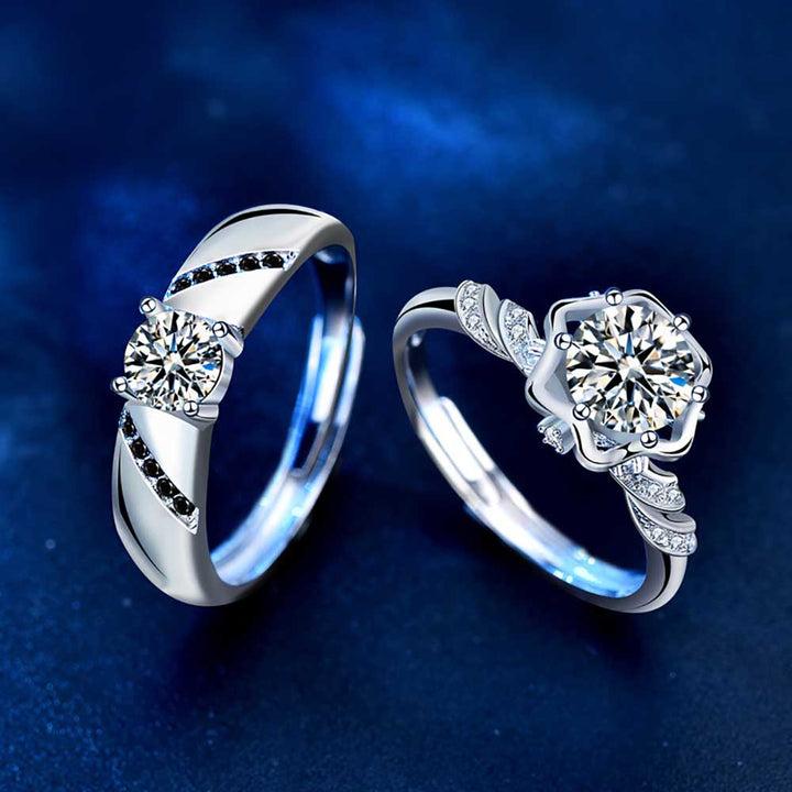 Round Shaped Cutting Moissanite Couple Set Sterling Silver Open Ring