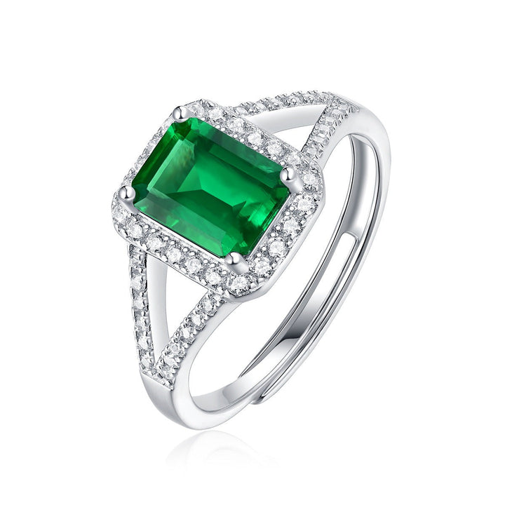 Double Halo Emerald Shaped Cut Green Sterling Silver Ring