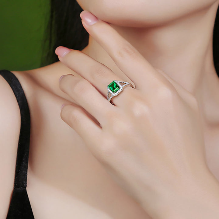 Double Halo Emerald Shaped Cut Green Sterling Silver Ring