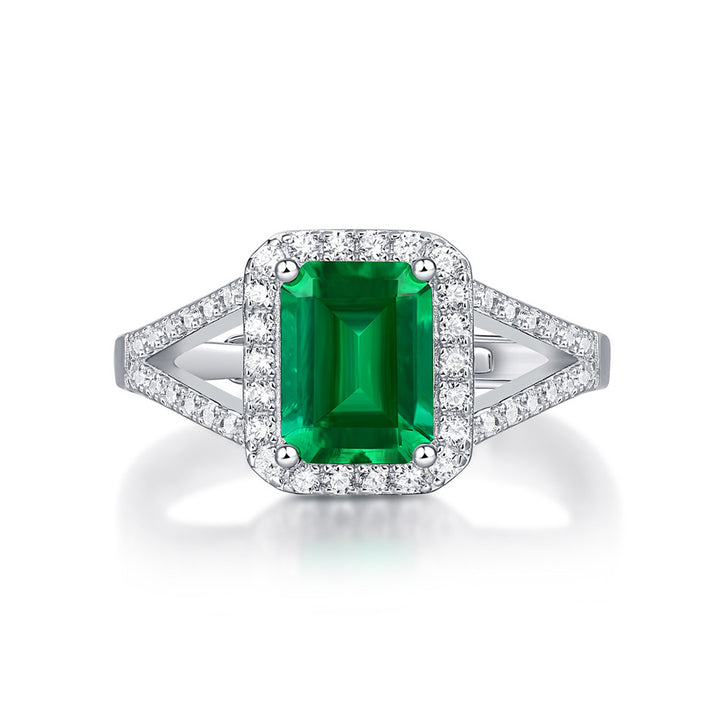 Double Halo Emerald Shaped Cut Green Sterling Silver Ring