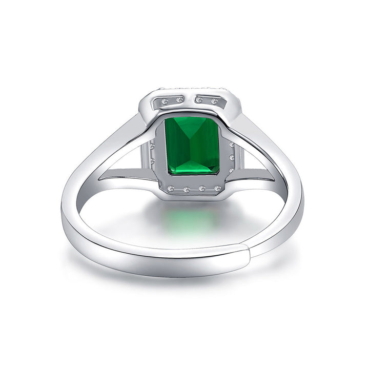 Double Halo Emerald Shaped Cut Green Sterling Silver Ring