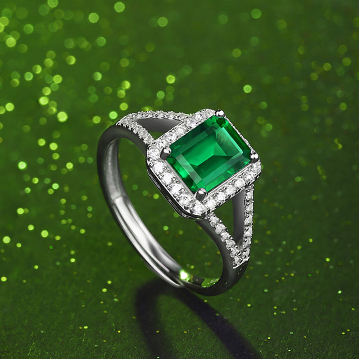 Double Halo Emerald Shaped Cut Green Sterling Silver Ring