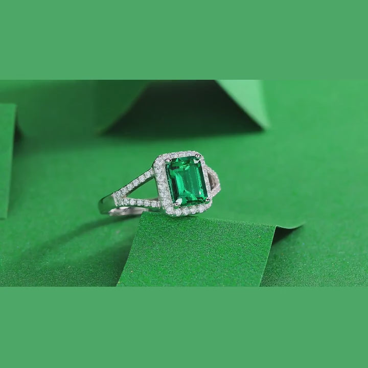 Double Halo Emerald Shaped Cut Green Sterling Silver Ring
