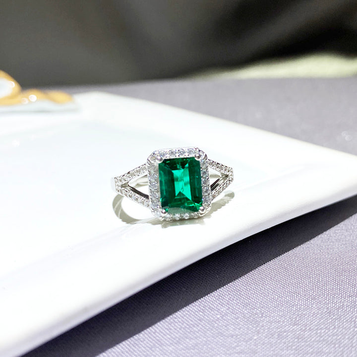 Double Halo Emerald Shaped Cut Green Sterling Silver Ring