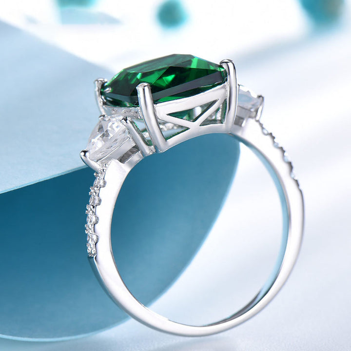 Cushion Shaped Cut Emerald Green Sterling Silver Ring