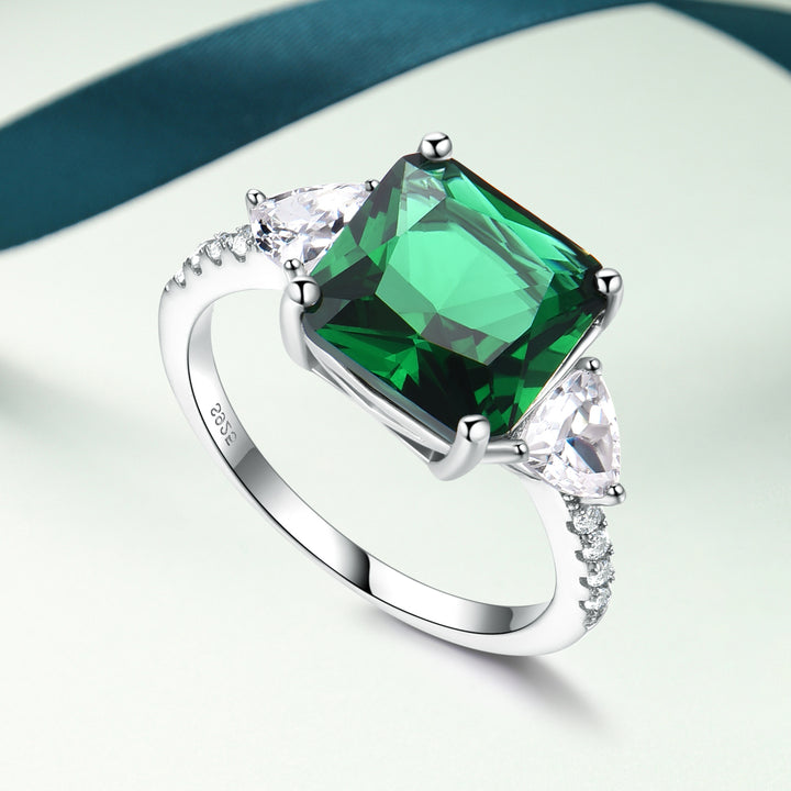 Cushion Shaped Cut Emerald Green Sterling Silver Ring