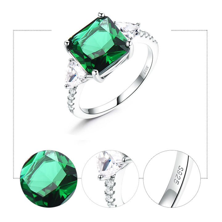 Cushion Shaped Cut Emerald Green Sterling Silver Ring