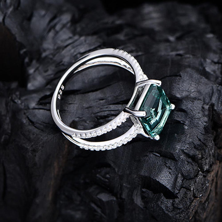 Emerald Shaped Cut Double Halo Sterling Silver Ring
