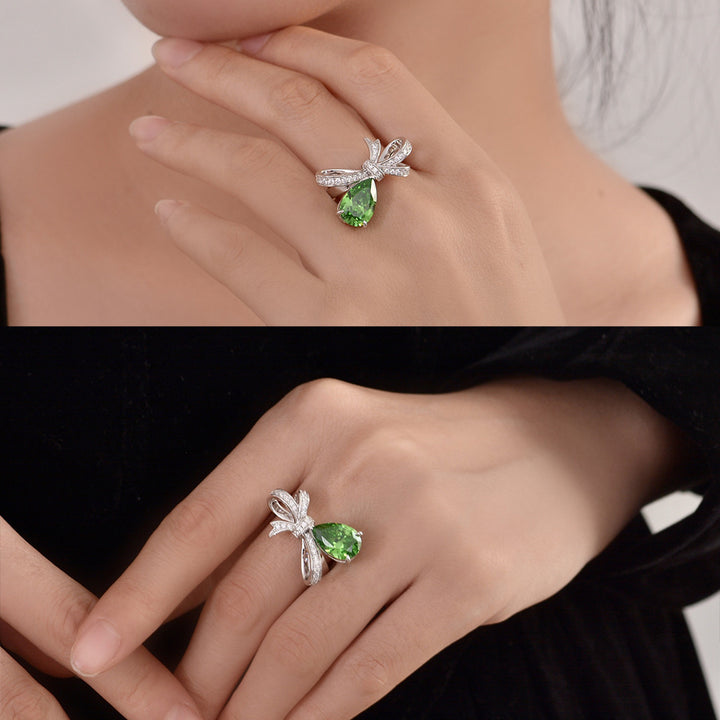 Pear Shaped Cut Bowknot Green Sterling Silver Ring