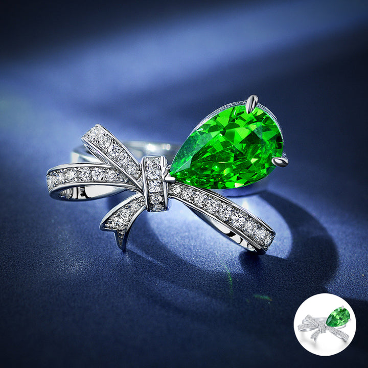 Pear Shaped Cut Bowknot Green Sterling Silver Ring