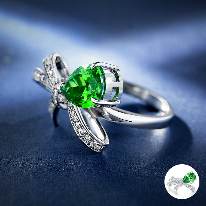 Pear Shaped Cut Bowknot Green Sterling Silver Ring