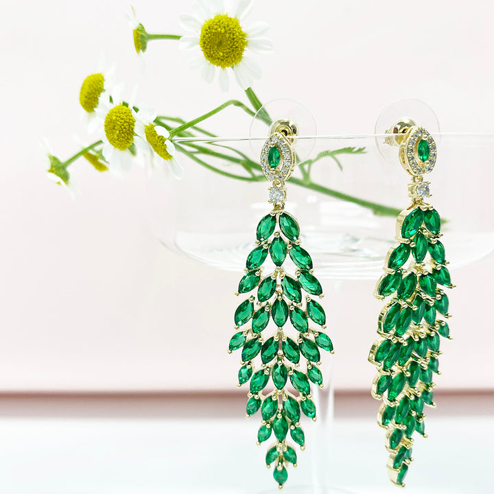 Emerald Green Leaves Tassel Design Earrings