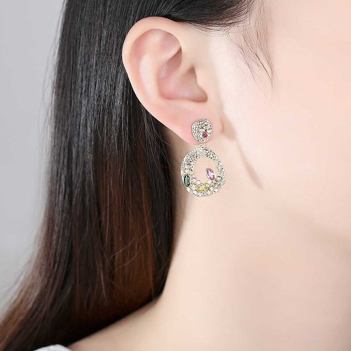 Oval Shaped Cutting Colorful Metal Earrings