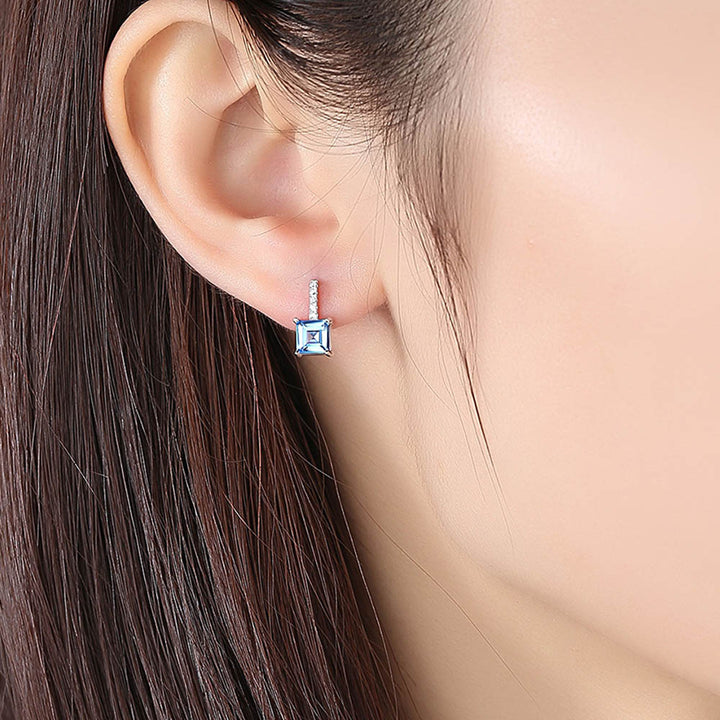 Emerald Shaped Cut Navy Blue Sterling Silver Earrings