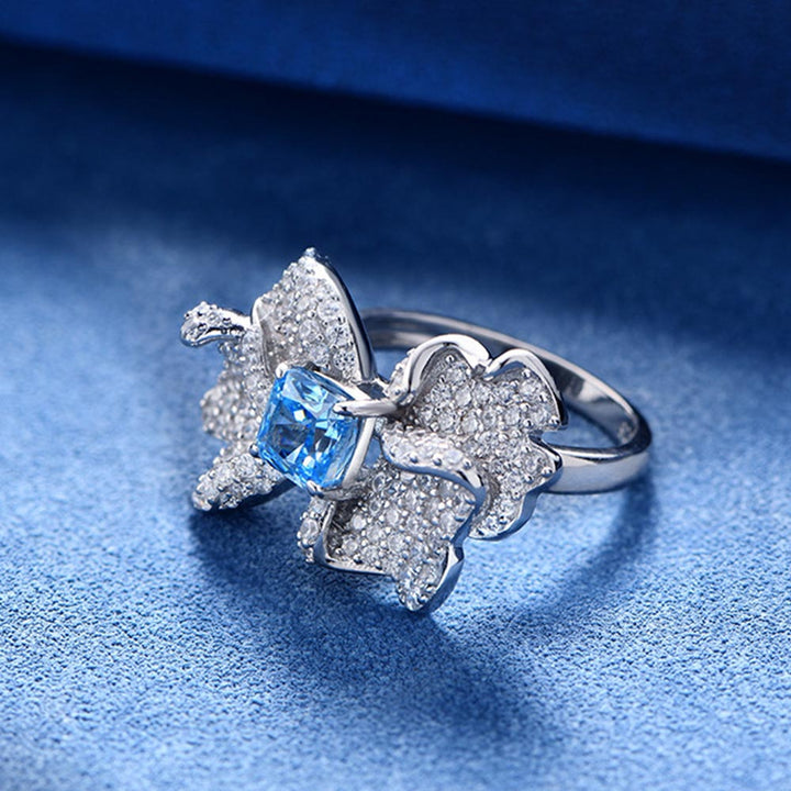 Cushion Shaped Cut Blue Bowknot Sterling Silver Ring