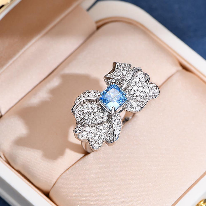 Cushion Shaped Cut Blue Bowknot Sterling Silver Ring