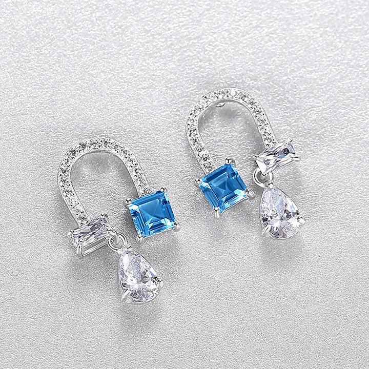 Princess Shaped Cut Blue Sterling Silver Earrings