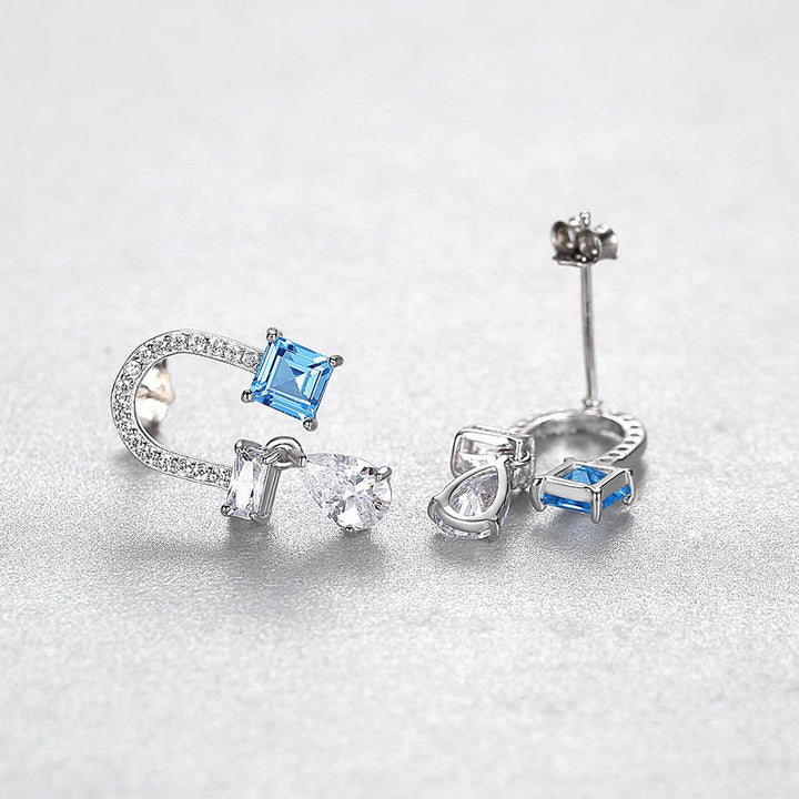 Princess Shaped Cut Blue Sterling Silver Earrings