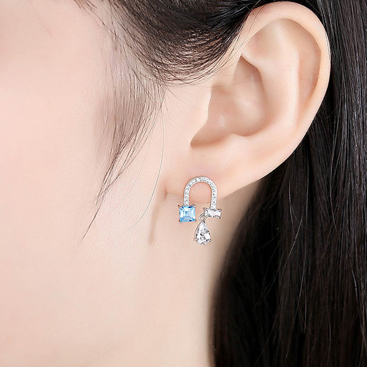 Princess Shaped Cut Blue Sterling Silver Earrings
