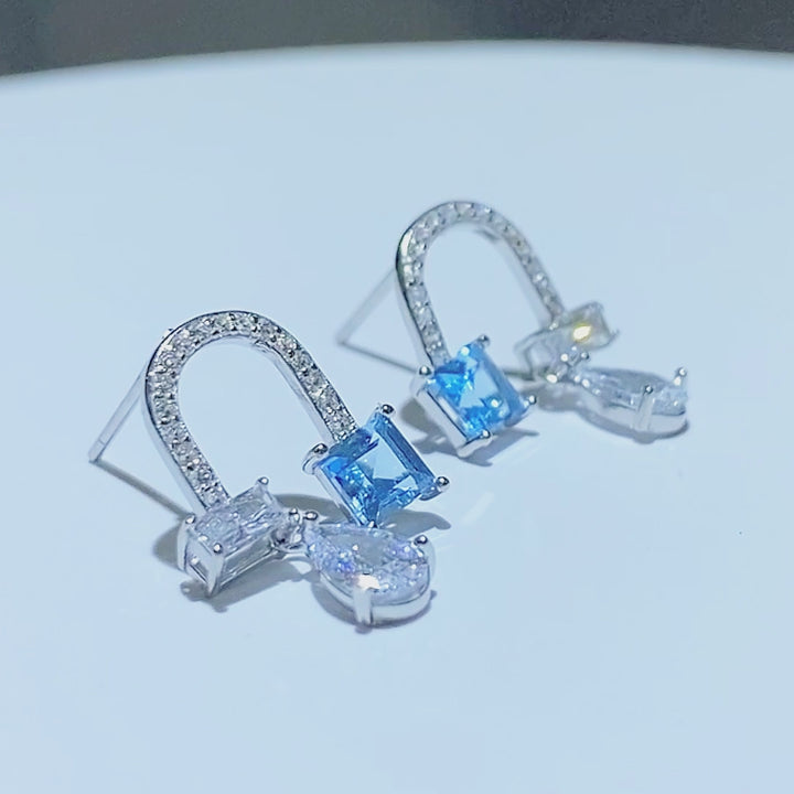 Princess Shaped Cut Blue Sterling Silver Earrings