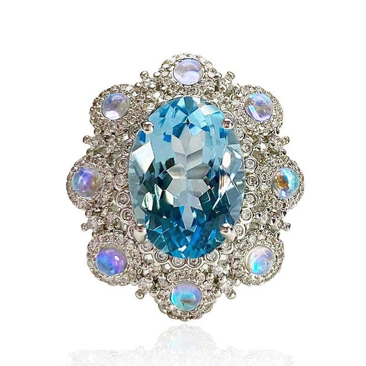 Flower Design Blue Oval Shaped Cut Open Ring