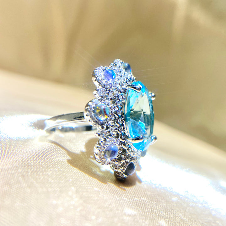 Flower Design Blue Oval Shaped Cut Open Ring