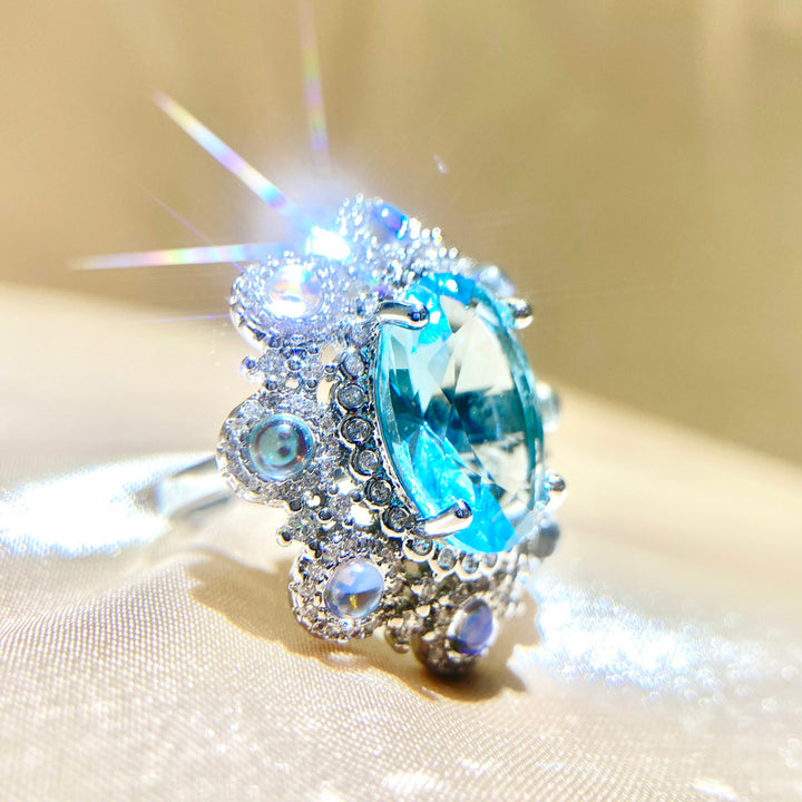 Flower Design Blue Oval Shaped Cut Open Ring