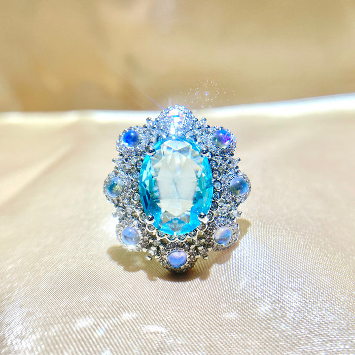 Flower Design Blue Oval Shaped Cut Open Ring