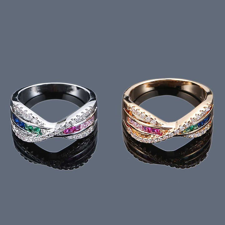 Radiant Shaped Cut Rainbow Cross Design Ring
