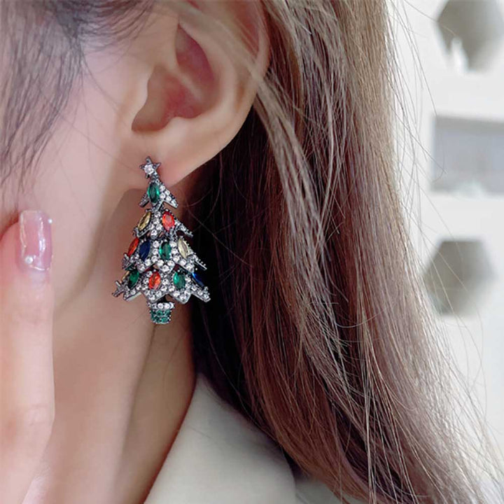 Marquise Shaped Cut Christmas Tree Sterling Silver Earrings