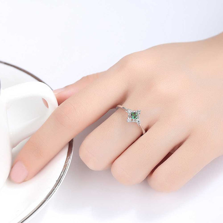 Princess Shaped Cut Green Sterling Silver Ring