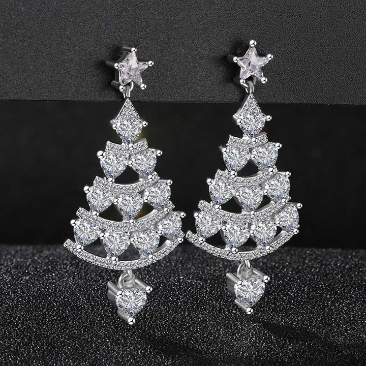 Heart Shaped Cut Christmas Tree Design Sterling Silver Earrings