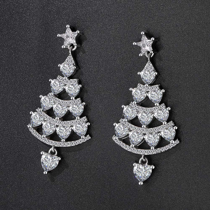 Heart Shaped Cut Christmas Tree Design Sterling Silver Earrings