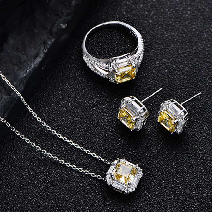 Asscher Shaped Cut Light Yellow Sterling Silver Three Piece Set