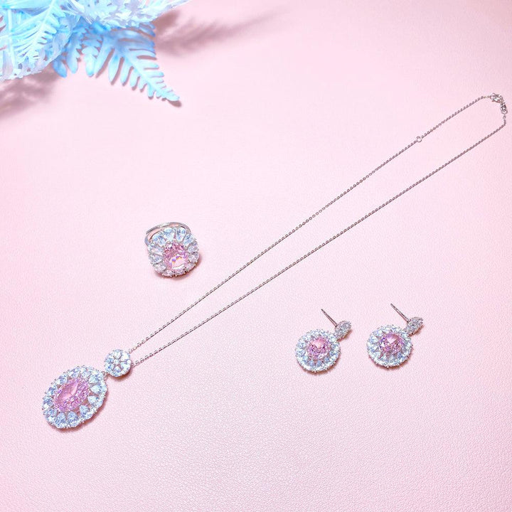 Pink Sunflower Snowflake Cut Necklace Earring Ring Three Piece Set