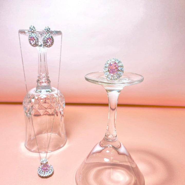 Pink Sunflower Snowflake Cut Necklace Earring Ring Three Piece Set