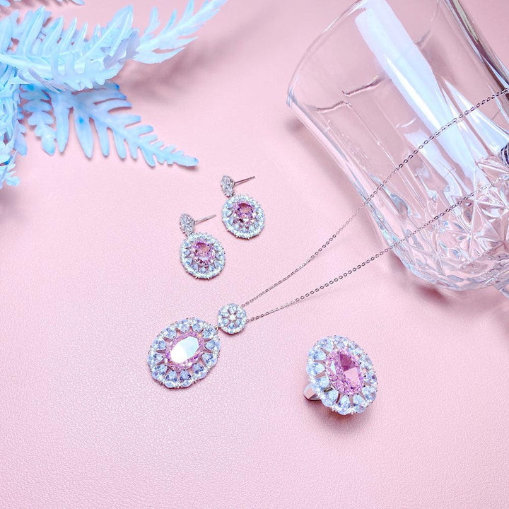 Pink Sunflower Snowflake Cut Necklace Earring Ring Three Piece Set