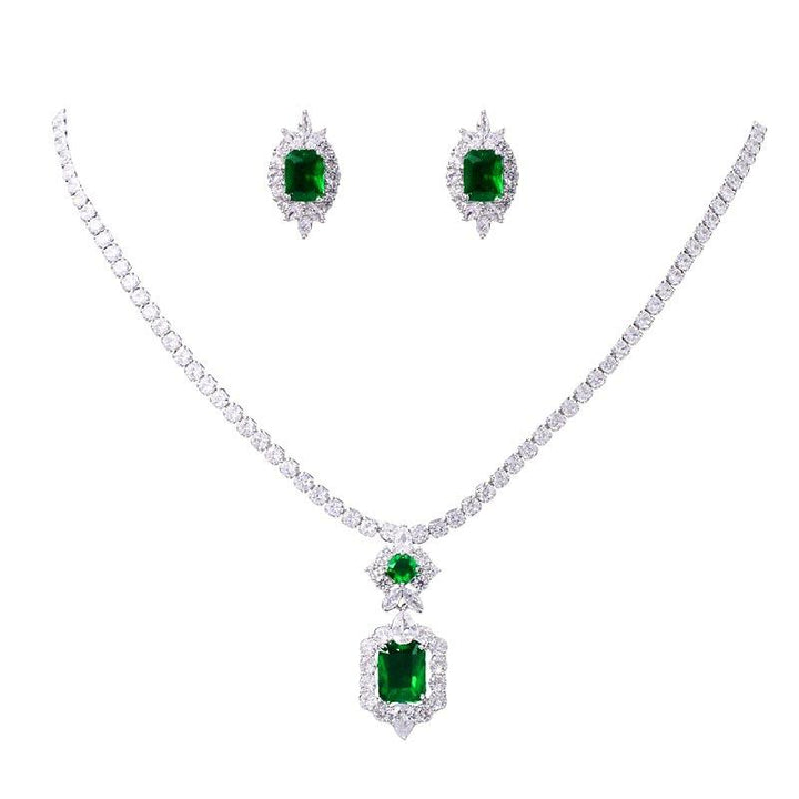 Emerald Radiant Shaped Cut Necklace Earrings Two Piece Set