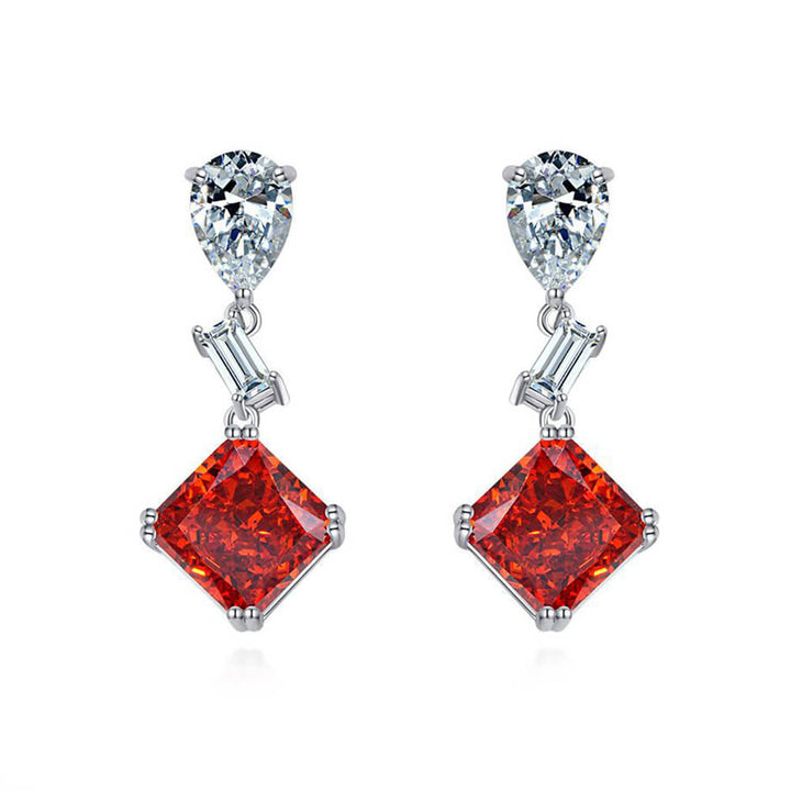 Solitaire Princess-Cut Red Sterling Silver Drop Earrings
