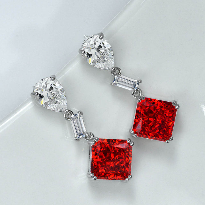 Solitaire Princess-Cut Red Sterling Silver Drop Earrings