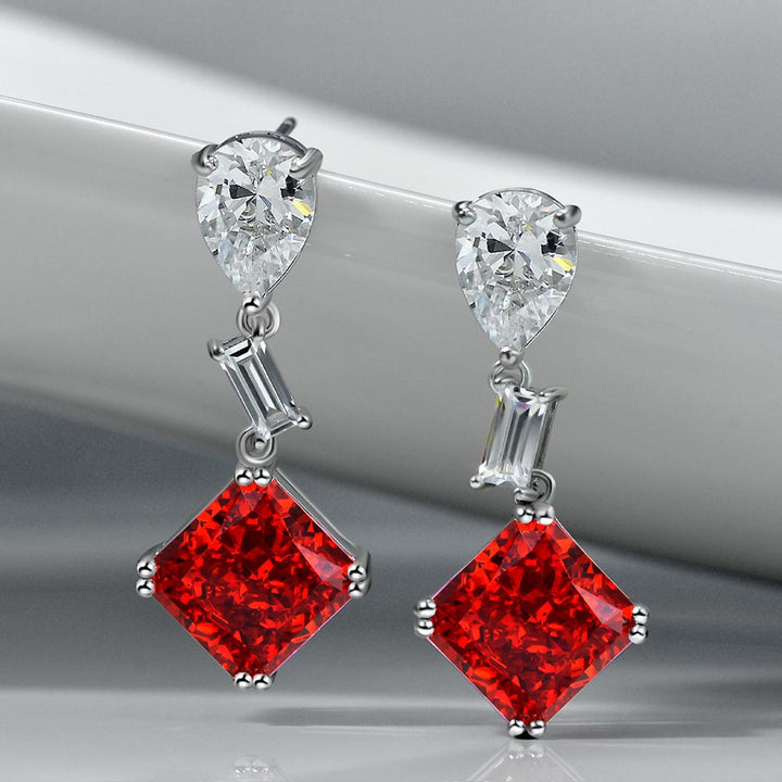 Solitaire Princess-Cut Red Sterling Silver Drop Earrings