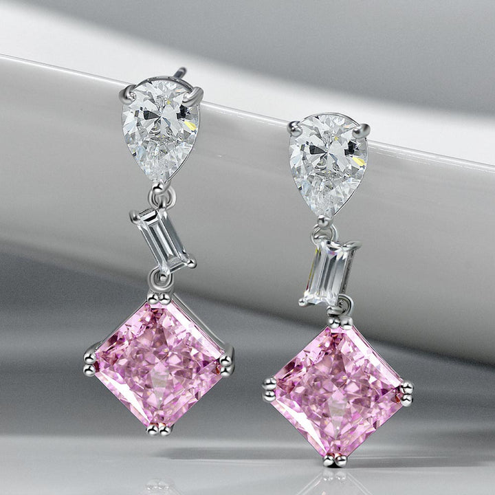 Solitaire Princess-Cut Red Sterling Silver Drop Earrings