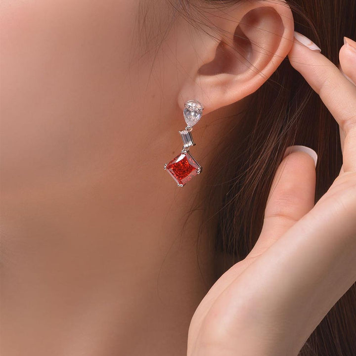 Solitaire Princess-Cut Red Sterling Silver Drop Earrings