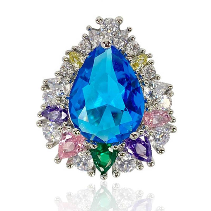 Oil Painting Sea Blue Pear Shaped Gem Open Ring