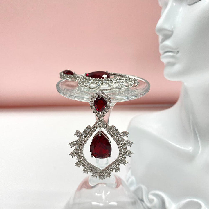 Ruby Red Hollowed Out Design Pear Shaped Cut Earrings