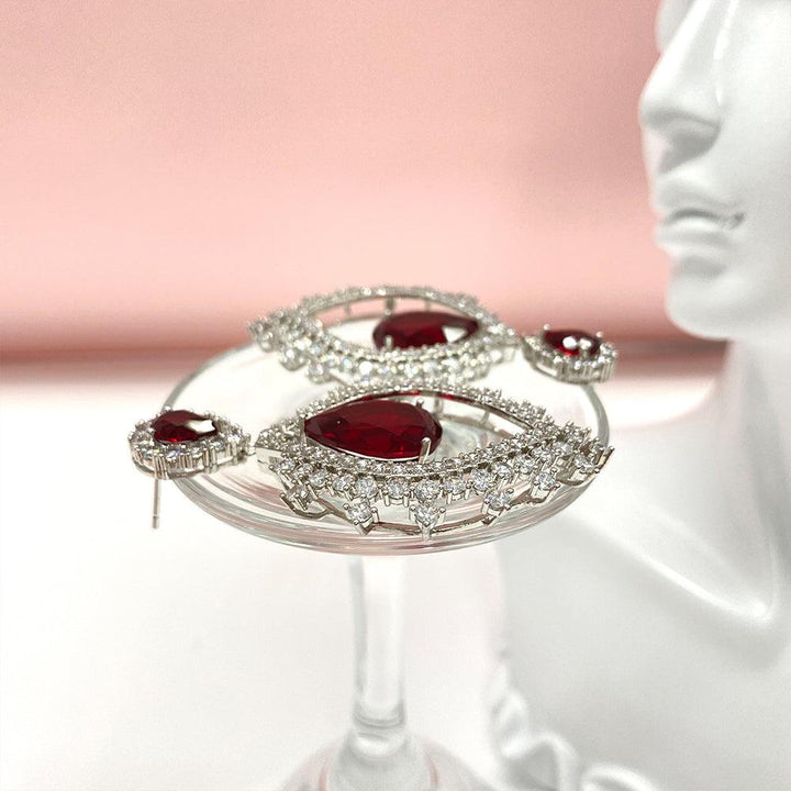 Ruby Red Hollowed Out Design Pear Shaped Cut Earrings